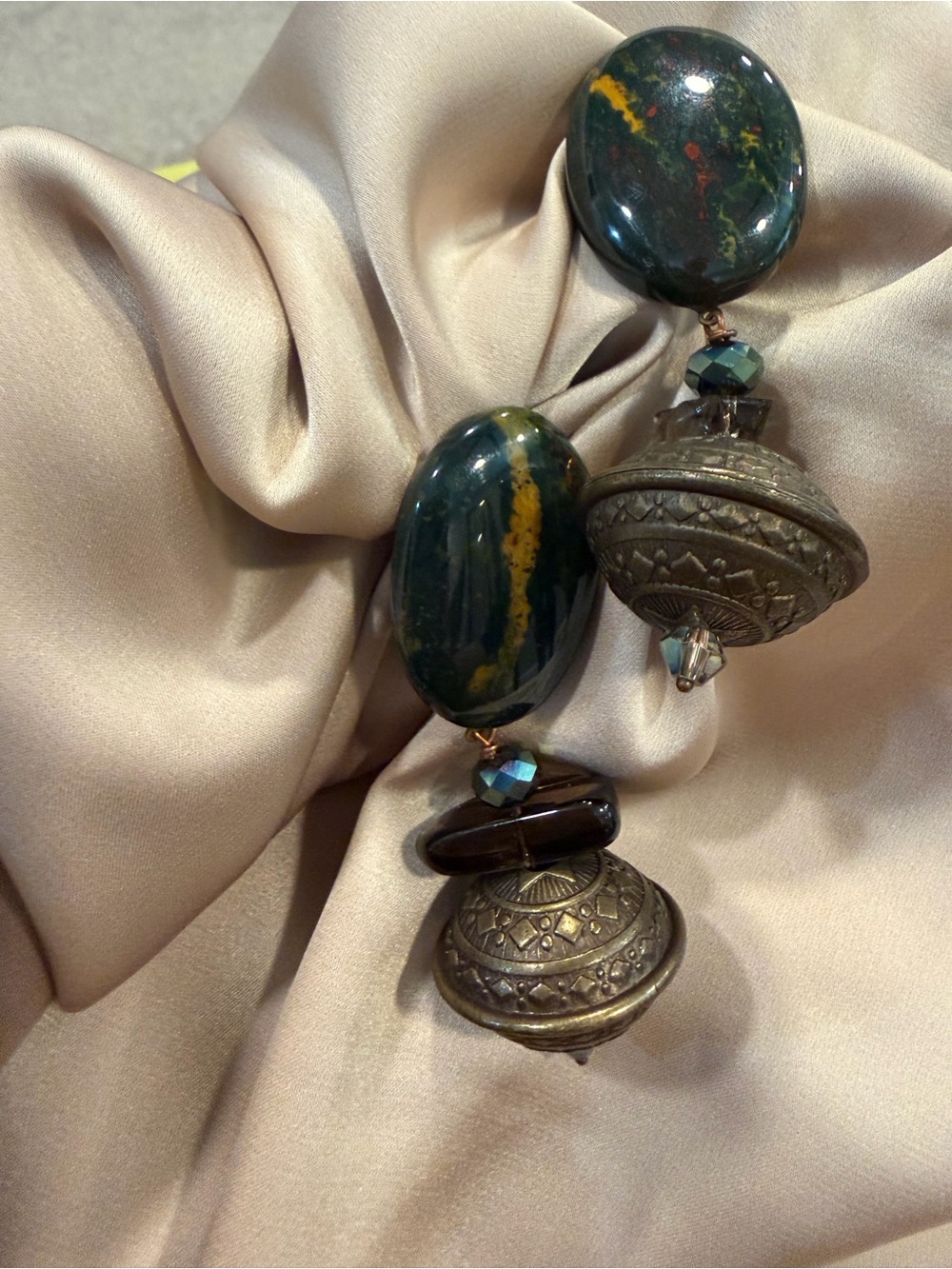 Artisan Mixed Media Green Stone Clip-On Statement Earrings